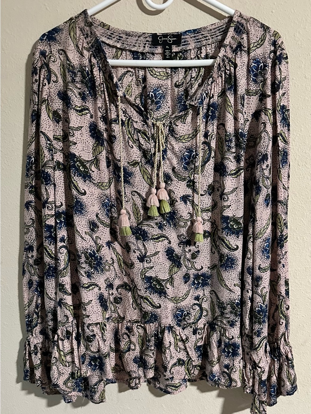 Jessica Simpson Blush Floral Tassel Peasant Top